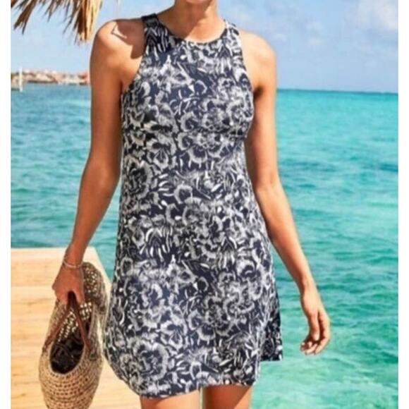 ATHLETA Santorini Blue Floral Modal Shift Dress Women Sz M Stretch High Neck - Picture 1 of 11